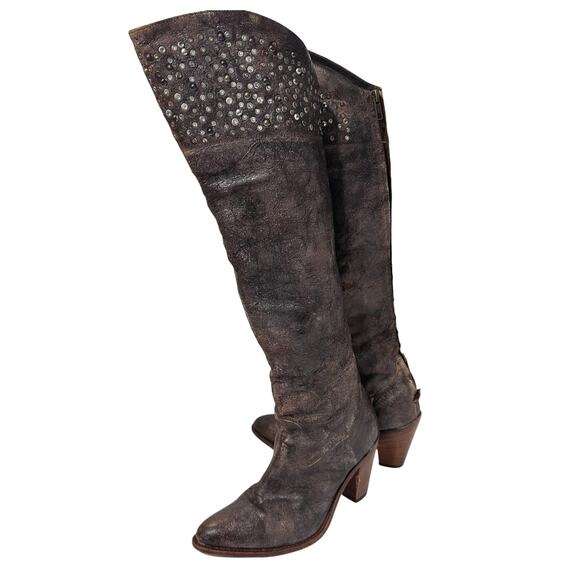 Frye Over the Knee Studded Boots Crackle Leather | Brown | SZ 9 - Picture 1 of 11